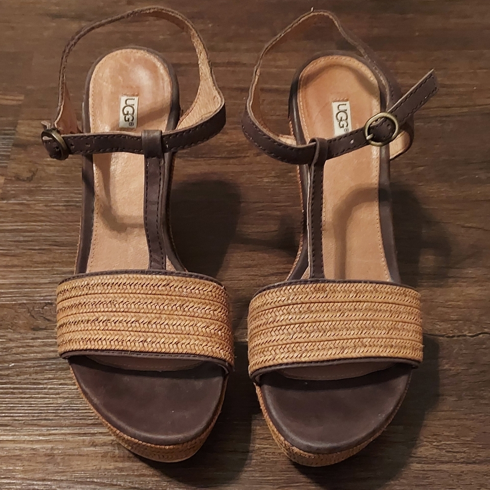 Women's UGG Brown and Tan Weaved Wedge Open Toe Sandals Size 8